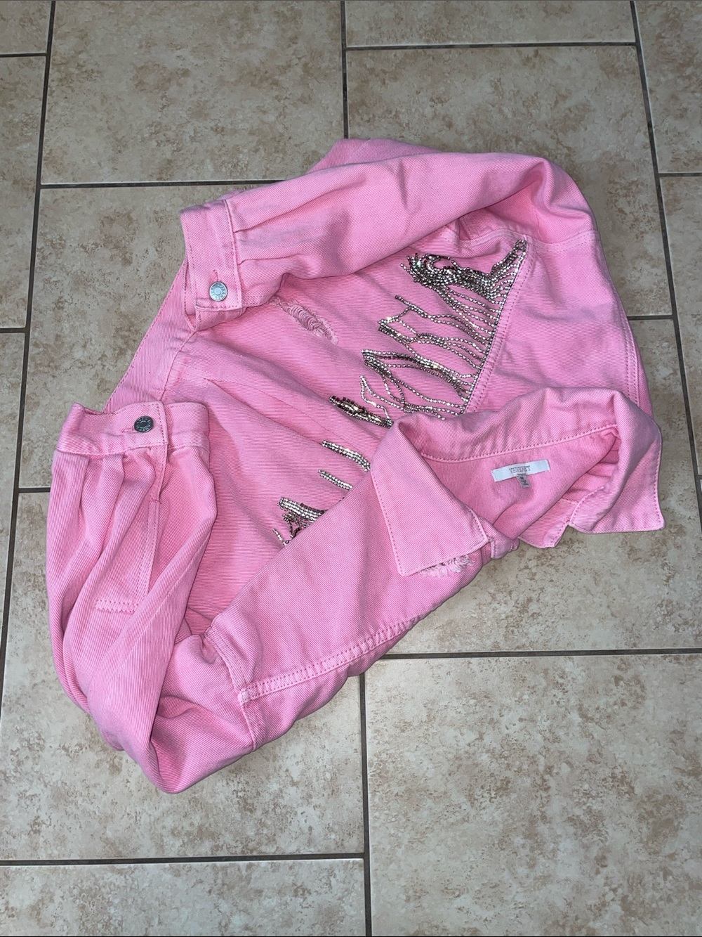 Veveret Pink Cropped Denim Jacket Fringe Rhinestone Distressed Size M